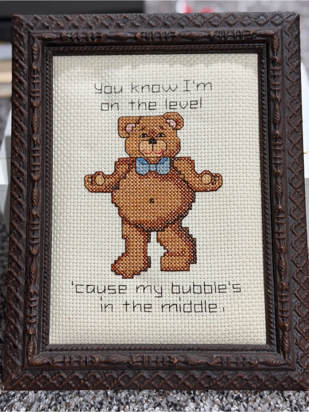 Cross-Stitch Teddy Bear Wall Art - Brown Bear with Blue Bow